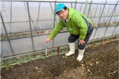 ビニールハウス内のスプリンクラーの水の出具合を確認