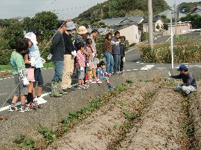 さつま芋堀りの説明を聞く参加者のみなさん