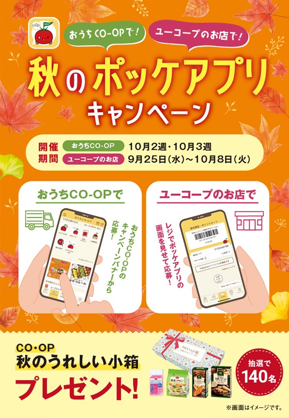 秋のうれしい小箱を抽選で140名にプレゼント【開催期間】おうちCO-OP：2024年10月2週・3週／ユーコープのお店：9/25（水）～10/8（火）