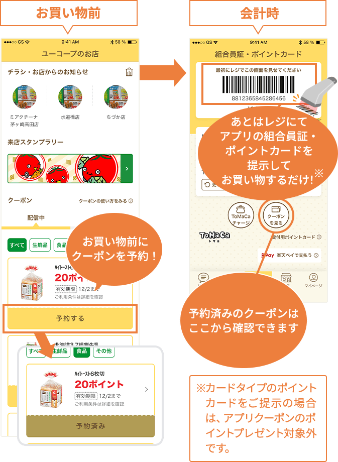 お買い物前にクーポンを予約！あとはレジにてアプリの組合員証・ポイントカードを提示してお買い物するだけ！