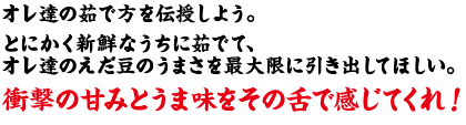 オレ達の茹で方を伝授しよう。とにかく新鮮なうちに茹でて、オレ達のえだ豆のうまさを最大限に引き出してほしい。衝撃の甘みとうま味をその舌で感じてくれ！
